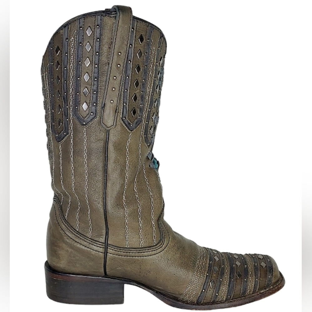 Corral Size 8.5M Taupe Silver Studs Laced Leather Snip Toe Coastal Cowgirl Boots - Picture 5 of 13